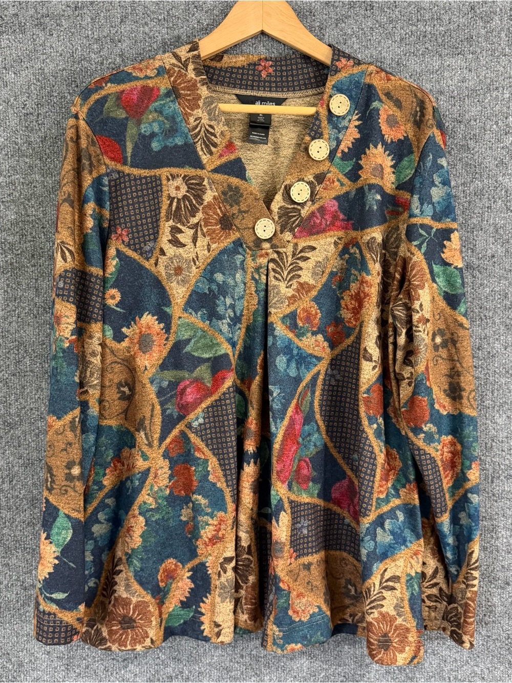 Ali Miles Long Sleeve Floral Paisley Patchwork Knit Tunic Top Multicolor Fall XL